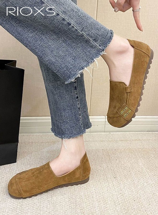 ريوكس حذاء نسائي مريح بدون أربطة، حذاء مسطح كاجوال من الجلد المدبوغ برقبة مستديرة، حذاء منخفض برقبة سميكة ونعل مطاطي، تصميم بسيط متعدد الطبقات بلون موحد، قطعة أساسية متعددة الاستخدامات، مريح للارتداء اليومي، كاكي - Image 1